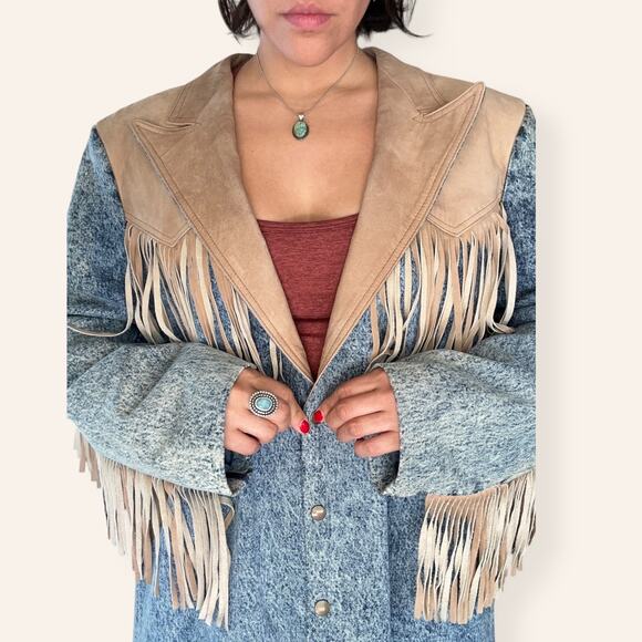 VTG Western Heavy Weight Acid Washed Denim Trench w/ Leather Fringe USA Made XL - Picture 9 of 16
